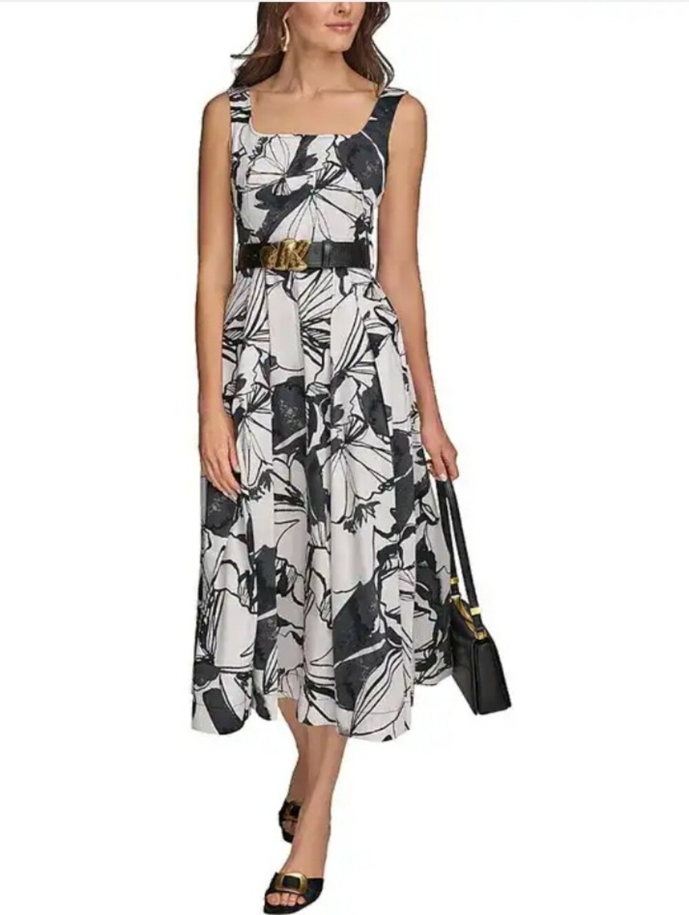 Donna Karen Floral Square Neck Midi Dress. Color: Black/ Pristine